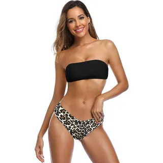 SHEKINI Bikini Set Damen Verstellbar Bandeau Halter Spitze Bikini V Schnitt Bikinihose Zweiteilige Badeanzug (X-Large, B-Schwarz) - XL
