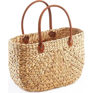 Kobolo Tasche Korbtasche aus Wasserhyazinthe - mit Ledergriffen - natur braun - Einkaufstasche Shopping Bag Handtasche Shopper Henkeltasche handbag - Braun