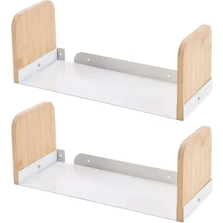 Balama Bücherregal Wandregal weiß Länge 40 cm, Breite 15cm passt für Bücher, 2er Set, aus Bambus & Dickes Metall, bis 15kg, inkl. Dübel & Schrauben