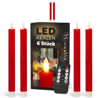 Stabkerzen LED mit Timer ROT 6 Stück indoor - 6 Stunden - ECHTWACHS 23cm Höhe für Kerzen 2,2cm Durchmesser 2 AAA Batterien notwendig LED Stabkerzen 4er Set ROT (zwei Mal) bewegliche Flamme Licht