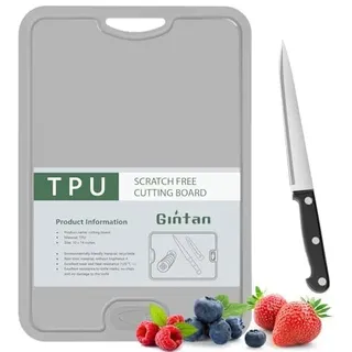Gintan Flexibles TPU Schneidebrett, BPA-frei, mit Messer- und Saftrille, kratzfeste flexible Schneidebretter für die Küche, spülmaschinenfest, griffiger Griff, rutschfest (Grau)