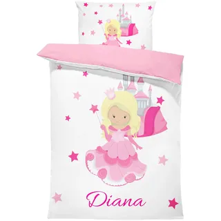 Pictogogo Personalisierte Baby Bettwäsche mit Prinzessin, Wählbare Unterfarbe aus Baumwolle, Prinzessin Bettwäsche Mit Namen, Babybett Komplett Set Mit Reißverschluss (135 x 200 cm)