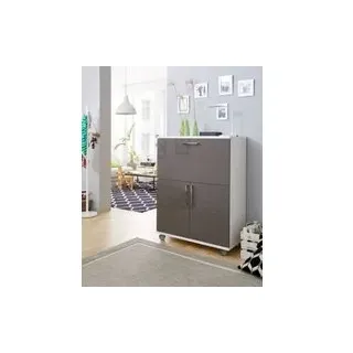 Sekretär, ideal für das Home Office, ausklappbare Schreibfläche, 2 Fächer hinter Flügeltüren, Lenkrollen, Holz, B 900 x T 450 x H 1200 mm, weiß/grau