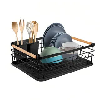 ARATERVIO Premium Abtropfgestell für Geschirr mit Besteckhalter - 42x32.5x14 cm Edelstahl Geschirrkorb mit Abnehmbarer Kunststoff-Abtropfschale - Rostfrei & Platzsparend für Küchenspüle (Schwarz)