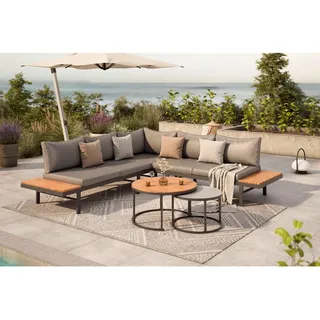 Ambia Garden Loungegarnitur, Grau, Holz, Metall, Glas, Akazie, massiv, Füllung: Polyester,Komfortschaum, L-Form, UV-beständig, Tisch mit Glasplatte, Loungemöbel, Gartenlounge-Sets