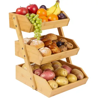 Relaxdays Obst Etagere Bambus, 3 Etagen, HBT 41x33x30 cm, Korbetagere für Obst, Gemüse & Gebäck, Obstschale Küche, natur