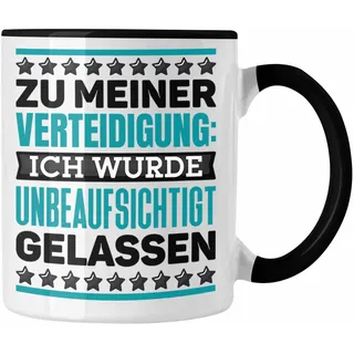 Trendation - Lustiger Spruch Kaffee-Becher Tasse Beinahe Zu Meiner Verteidigung Ich Wurde Unbeaufsichtigt Gelassen Geschenk Arbeits-Kollegin (Schwarz)