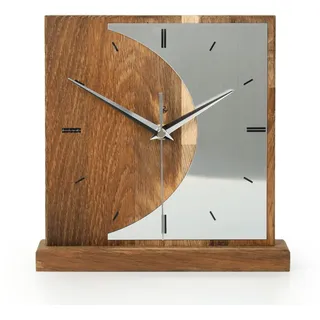 Kreative Feder Designer-STANDUHR „Silvermoon“ aus Eichenholz – analoge TISCHUHR ohne Tickgeräusche (leises Funkuhrwerk, Eiche geräuchert)