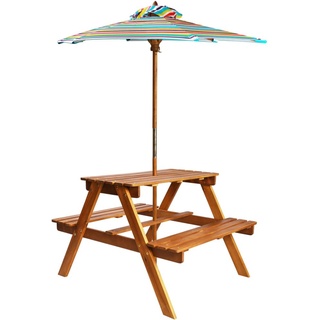 Gartentisch HM, Stablie Kinder-Picknicktisch Sonnenschirm 79x90x60cm Massivholz Akazie, Einfach Montage