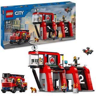 LEGO City Feuerwehrstation mit Drehleiterfahrzeug, Feuerwehr-Spielzeug mit Feuerwache und Feuerwehrauto, Geburtstagsgeschenk für Kinder ab 6 Jahren, Set mit Hund und 5 Minifiguren 60414