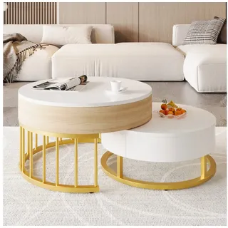 Merax Couchtisch Set mit goldenen Metallrahmen und Schubladen, mit ausziehbarer Tischplatte, Satztisch mit Stauraum, Kaffeetisch weiß Rund | 27 cm - 56 cm