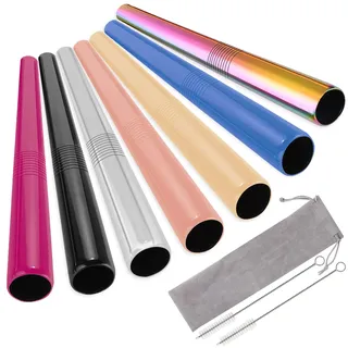 UNOLIGA Bubble Tea Strohhalme Wiederverwendbar, 12mm Extra Breite Edelstahl Strohhalm Boba Straw, 7 Bunt Metall Trinkhalme mit 2 Reinigungsbürsten, 215mm Lange Cocktail Strohhalme
