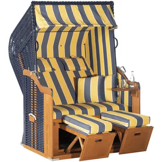 Sunny Smart Strandkorb SUNNYSMART "Rustikal 250 Plus", blau (korpus: natur, blau bezug: gelb, blau), B:125cm H:160cm T:90cm, Strandkörbe, Strandkorb, 2-Sitzer, komplett montiert, Oberkorb in einem Stück geflochten