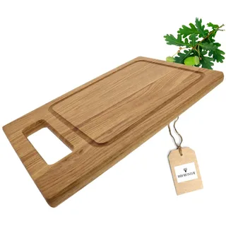 HOFMEISTER® Schneidebrett Eiche 39,5 × 24,5 × 2 cm mit Griff und Saftrille – massiv, robust (1 Stück)