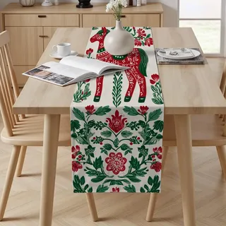 Skandinavisch Dala Pferd Tischläufer Leinen 30x120 cm Tier Blumen Tischdeko für Esstisch & Küche Traditionell Ranke Akzenttisch Dekor Tischläufer für Feierlichkeiten Abwaschbar