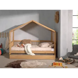 Vipack Hausbett Eiche massiv geölt, Made in Europe, langlebige Qualität (B/H/T ca. 207,5x170x97,5cm, inkl. Dachaufbau und Massivholz Lattenrost), Liegefläche 90x200 cm, inkl. Textilhimmel und Bettschublade beige