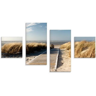 Glasbild ARTLAND "Nordseestrand auf Langeoog - Steg" Bilder Gr. B/H: 120 cm x 70 cm, Strand, 4 St., beige (naturfarben) Glasbilder