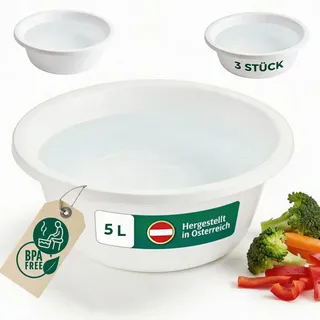 Novaliv 3x Spülschüssel Rund 5L, D32 cm, Weiß, BPA-frei Spülmaschinenfest Ideal für Küche und Camping, Rundschüssel, Runde Plastikschüssel, Waschschüssel, Kunststoffschüssel, Plastic bowl
