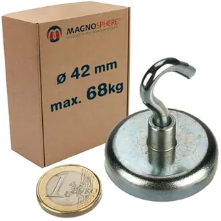 Magnethaken Magnet mit Haken Ø 42 mm Neodym, Zink - Haftkraft 68 kg - Hakenmagnet - starke NdFeB Magnete (Supermagnete) mit extremer Haftkraft für Industrie und Zuhause
