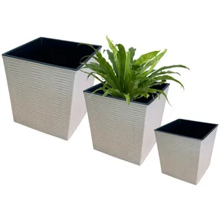 Engelland Pflanzkübel 3er Set Blumentöpfe aus recyceltem Kunststoff & Holz, WPC, Rillenoptik (Vorteils-Set, 3 St., UV-beständig, quadratisch, wetterfest), Blumenkübel für Garten, Balkon, Terrasse, Innen- und Außenbereich beige|weiß