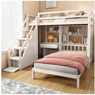 SOFTWEARY Etagenbett mit 2 Schlafgelegenheiten und Rollrost (90x200 cm), Kiefer, Kinderbett inkl. Rausfallschutz weiß