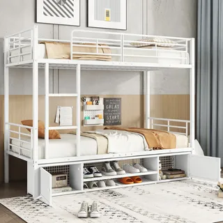 Etagenbett Metall Weiß 90x200 Cm Mit Leiter, Fallschutz, Offenem Schuhregal Und 2 Kleinen Schränken