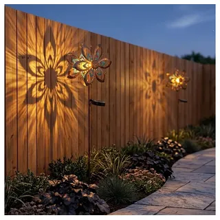 GLOBO LIGHTING LED Solarleuchte, LED-Leuchtmittel fest verbaut, Warmweiß, 2x Gartendeko Windrad Außenleuchte LED Solarleuchte Goldfarbe Antik