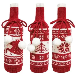 GALPADA 3 StüCk Gestrickte Weinflaschenabdeckung Weihnachten Flaschentasche Mit Rentier Schneeflocken Design FüR Festliche Deko Und Weihnachtsfeier