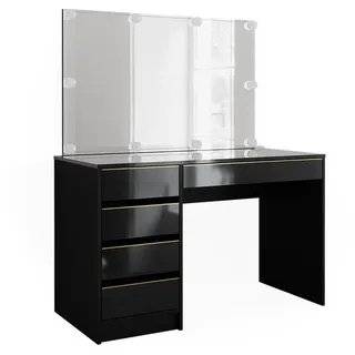 Vicco Schminktisch Sherry Schwarz Hochglanz Gold 120 x 75 cm 5 Schubladen Spiegel LED Beleuchtung