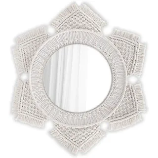 Famanu Wandspiegel mit Makramee-Rand - Sonnen- und Mondmotiv - Boho-Nachbildung für Wohnzimmer und Schlafzimmer