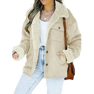 Vagbalena Damen Cordjacke Sherpa Wollpelzkragen Winter Warm Dick Kaschmir gefüttert Warme Cordjacke Klassische Knopf Langarm Jacke (Khaki,L) - Oversize
