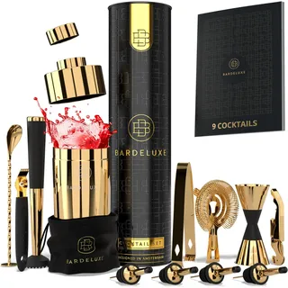 BarDeluxe® Cocktail Set 12-teilig, Barkeeper Set, Cocktail Mixer Set | 750ml Cocktailshaker Edelstahl, Cocktail Shaker Set, Bartender Set | Luxus Cocktail Geschenkset, Tasche & Rezeptbuch (Gold)