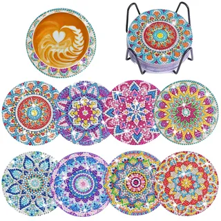 Diamond Painting Untersetzer Mandala mit Halter,8 Stück 5D Diamond Painting DIY Set für Kinder Erwachsene Basteln,Anfänger Diamant Tassenuntersetzer rutschfest fur Tassen,Vasen,Kerzen
