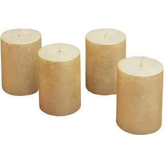 Loberon Kerze 4er Set Virrans, Handgearbeitete Echtwachskerzen, Durchgefärbt, Lange Brenndauer, Adventskerzen, Adventskranz, Stumpenkerzen, Paraffinwachs, Gold