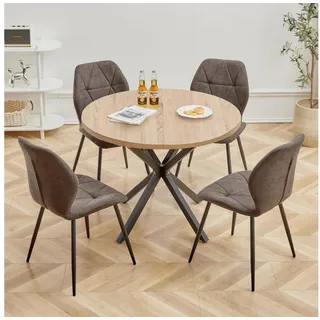 LuxusKollektion Essgruppe Esstisch Stuhlset 100cm rund 4 Stühle Leinen Helle Schwarz bunt