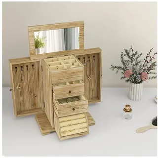 HOMCOM Schmuckkasten Schmuckkästchen mit Spiegel, Schubladen und seitlichen Klapptüren (Schmuckbox, 1 St., Schmuckschatulle), für Ringe, Ohrringe Braun braun
