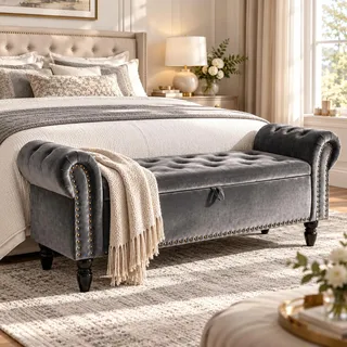 Clevich Sitzbank mit Stauraum 133 cm, Sofa Bench mit Gasdruckfeder | Samt Polsterbank Bettbank Dunkelgrau, Aufbewahrungsbank mit Holzbeinen, Stauraumbank für Schlafzimmer, Wohnzimmer