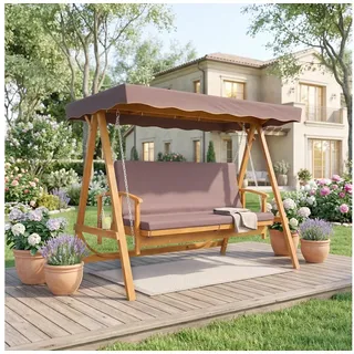 Outsunny Hollywoodschaukel mit Sonnendach, Sitzauflage, bis 330kg, 3-Sitzer, Liegefunktion, 3-Sitzer Gartenschaukel aus Holz, 1 tlg., 2 in 1 Holzschaukel mit Liegefunktion, für Garten, Terrasse, 236x130x181 cm, Braun braun