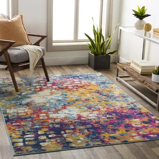 Livabliss Chlef Teppich 160x215 cm – Moderner Kurzflor in Marmor-Optik für Wohnzimmer & Esszimmer – Fuchsie, Senfgelb & Blau