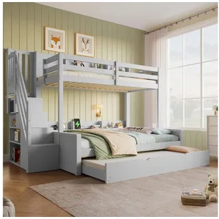 Merax Etagenbett 90x200cm/140x200cm mit Ausziehbett 90x190cm (Massivholz Hochbett Jugendbett Gästebett Stockbett, 1-St), Kinderbett mit Treppe, integriertem Stauraum, Regalen & USB-Anschluss grau