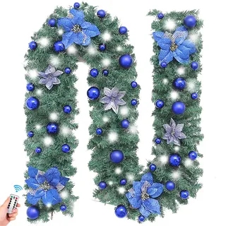 Treer Weihnachtsgirlande mit Beleuchtung, Tannengirlande Batterie Remote 8 Modus Lichterkette Weihnachten Dekoration für Innen und Außen Verwendbar (Kaltes Weiß,Blau)