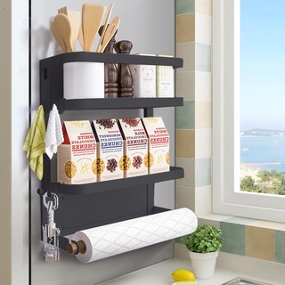 Kühlschrank-Gewürzregal, magnetisches Regal mit Papierhandtuchhalter, 2 Etagen, für Küche, Kühlschrank, Aufbewahrungsregal (schwarz, mittel)