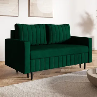 MOTIVENA Leo 2 Sitzer Sofa mit Schlaffunktion, Schlafsofa 160 cm Breit, 2er Sofa Klein, Kleine Couch, Schlafsofa 2 Sitzer, Bonellfederkern (H4), Samt Grün