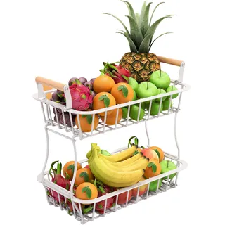 Relaxdays Obstkorb 2-stöckig, Obstschale für die Küche, weiß | Metallkorb für Obst und Gemüse, Griffe, Metall & Holz
