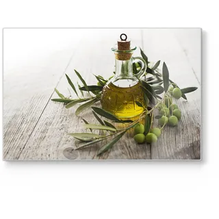 DEQORI Schneidebrett aus Glas | groß 30x20 cm | Motiv Olivenöl mit Olivenzweig | Design Schneideplatte für Küche | Frühstücksbrett antibakteriell & rutschfest | Glasplatte & Servierplatte