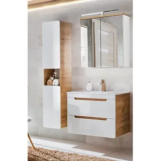 Lomadox Badmöbel-Set LUTON-56, (Spar-Set, 3-St), Wotan Eiche Nb. Keramik-Waschtisch und Spiegelschrank 130/195/46 cm weiß 131 cm x 195 cm x 46 cm