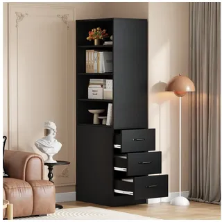 Celya Bücherregal 180 cm hohes, extra schmales Bücherregal mit seitlichen Schubladen, geeignet für kleine Räume -Sideboard, Verstellbare Böden, links und rechts austauschbar schwarz