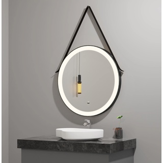 axentia LED-Badspiegel, runder Spiegel mit Aufhänge-Gurt, schwarz, Ø ca. 60 cm