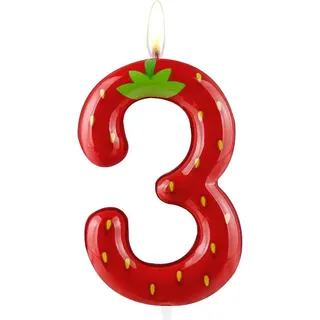 Kerze zum 3. Geburtstag, Erdbeer-Motiv, Zahl 3, Neuheitsartikel, für den Innenbereich, aus Paraffinwachs, umweltfreundlich, langanhaltende Brenndauer