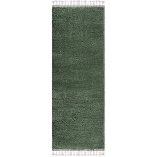 carpet city Teppich Wohnzimmer - Shaggy Hochflor Grün - 80x300 cm Einfarbig - Moderner Teppich Läufer mit Fransen